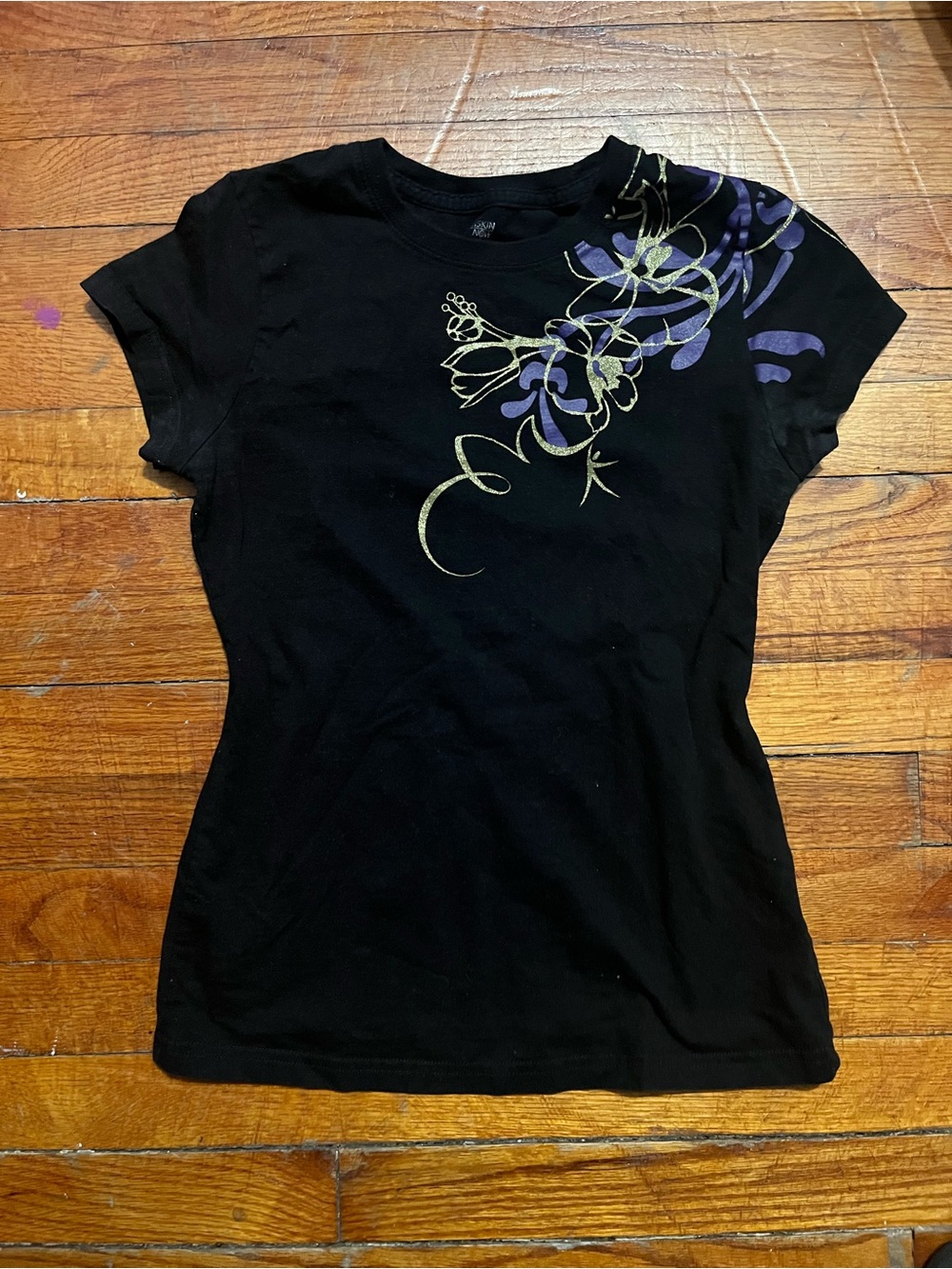 Danskin Black Short-Sleeve Tee with Purple and Gold Floral Accent